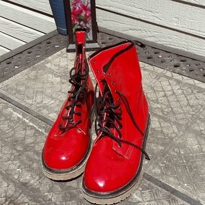 Red Wild Diva Patent Leather Combat Boots